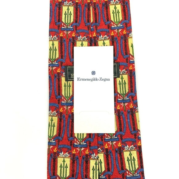 ERMENEGILDO ZEGNA Tie Red Mens 100% Silk Trident Spear Poseidon Theme Necktie - Picture 6 of 10